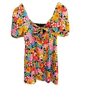 For Love & Lemons Plus Size Puff Sleeve Satin Floral Mini Dress 2X